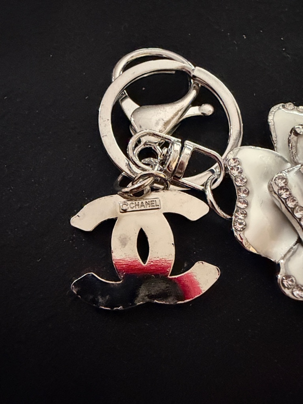 Custom Curated Pink CC & Crystal White Rose Keychain - Picture 3 of 7